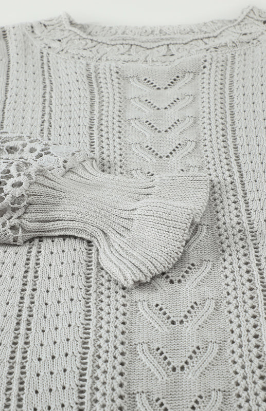Crochet Sweaters- Cotton Blend Wool Knit Crew Neck Bishop Sleeve Sweater- - Pekosa Women Clothing