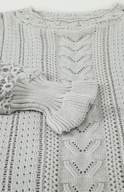 Crochet Sweaters- Cotton Blend Wool Knit Crew Neck Bishop Sleeve Sweater- - Pekosa Women Clothing