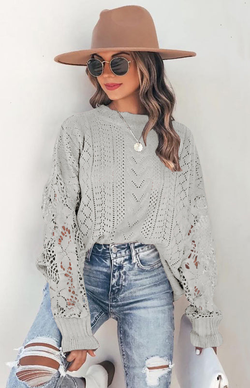 Crochet Sweaters- Cotton Blend Wool Knit Crew Neck Bishop Sleeve Sweater- - Pekosa Women Clothing