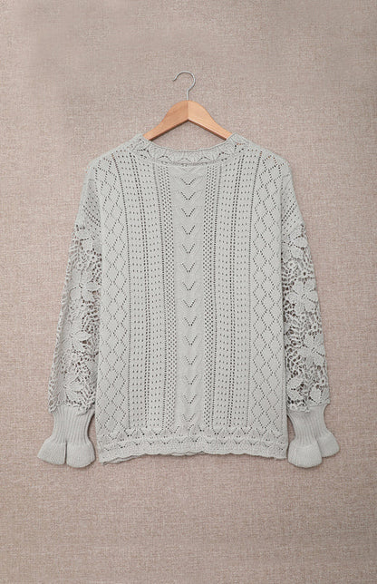 Crochet Sweaters- Cotton Blend Wool Knit Crew Neck Bishop Sleeve Sweater- - Pekosa Women Clothing