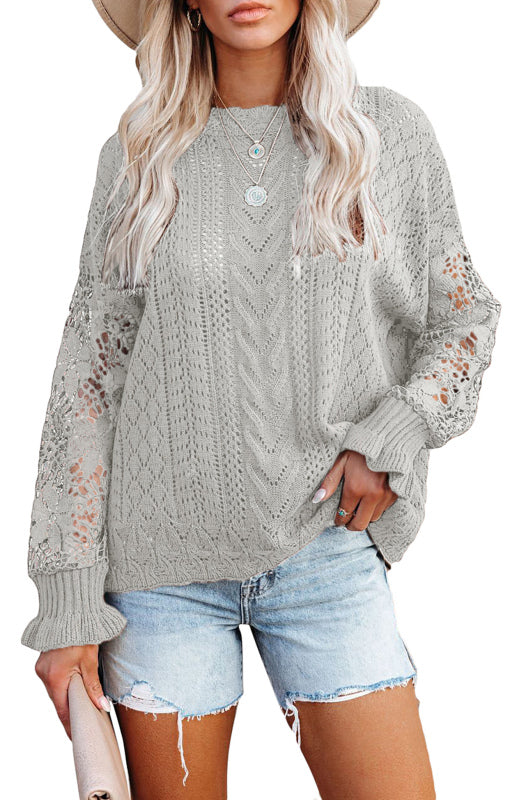 Crochet Sweaters- Cotton Blend Wool Knit Crew Neck Bishop Sleeve Sweater- - Pekosa Women Clothing