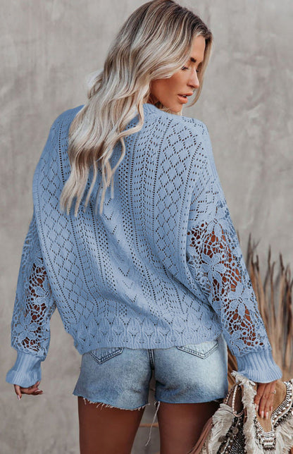Crochet Sweaters- Cotton Blend Wool Knit Crew Neck Bishop Sleeve Sweater- - Pekosa Women Clothing