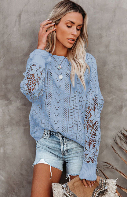 Crochet Sweaters- Cotton Blend Wool Knit Crew Neck Bishop Sleeve Sweater- - Pekosa Women Clothing