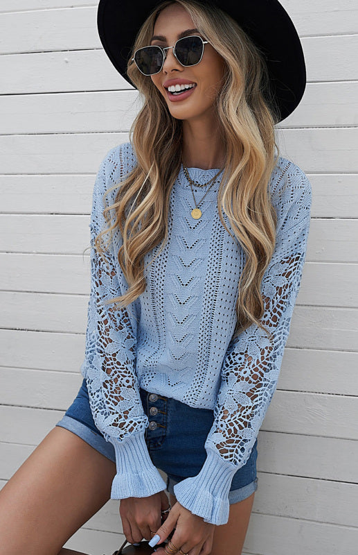 Crochet Sweaters- Cotton Blend Wool Knit Crew Neck Bishop Sleeve Sweater- - Pekosa Women Clothing