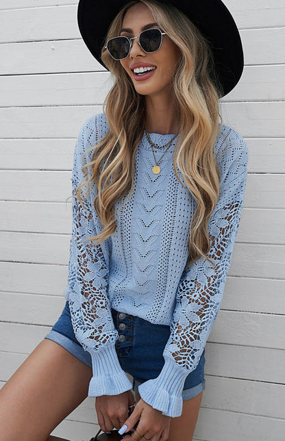 Crochet Sweaters- Cotton Blend Wool Knit Crew Neck Bishop Sleeve Sweater- - Pekosa Women Clothing