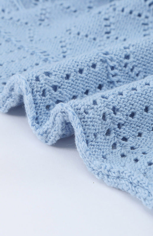 Crochet Sweaters- Cotton Blend Wool Knit Crew Neck Bishop Sleeve Sweater- - Pekosa Women Clothing