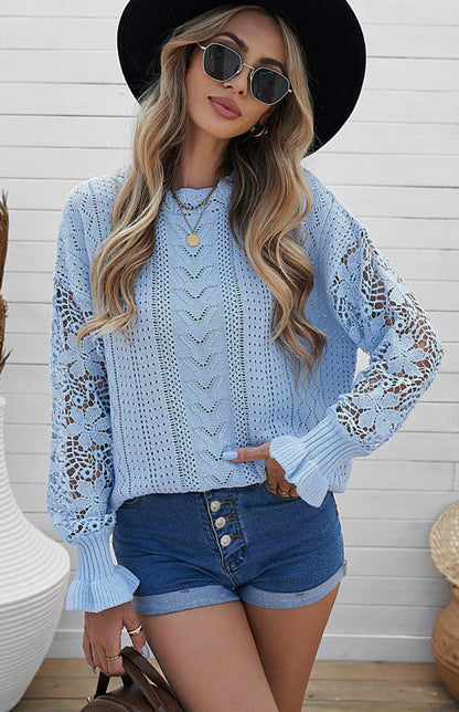 Crochet Sweaters- Cotton Blend Wool Knit Crew Neck Bishop Sleeve Sweater- - Pekosa Women Clothing