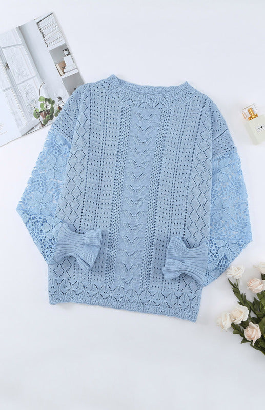 Crochet Sweaters- Cotton Blend Wool Knit Crew Neck Bishop Sleeve Sweater- - Pekosa Women Clothing