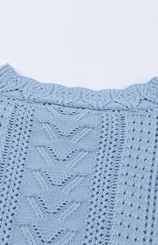 Crochet Sweaters- Cotton Blend Wool Knit Crew Neck Bishop Sleeve Sweater- - Pekosa Women Clothing