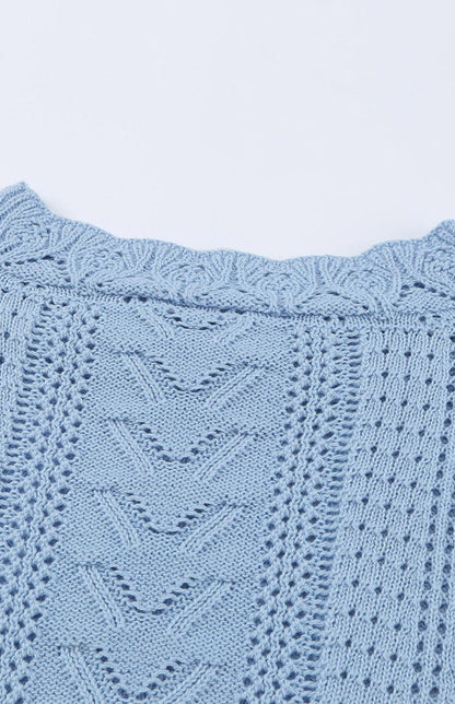 Crochet Sweaters- Cotton Blend Wool Knit Crew Neck Bishop Sleeve Sweater- - Pekosa Women Clothing