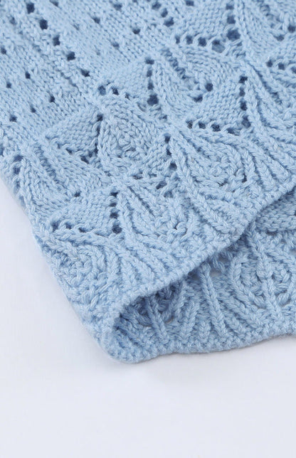 Crochet Sweaters- Cotton Blend Wool Knit Crew Neck Bishop Sleeve Sweater- - Pekosa Women Clothing