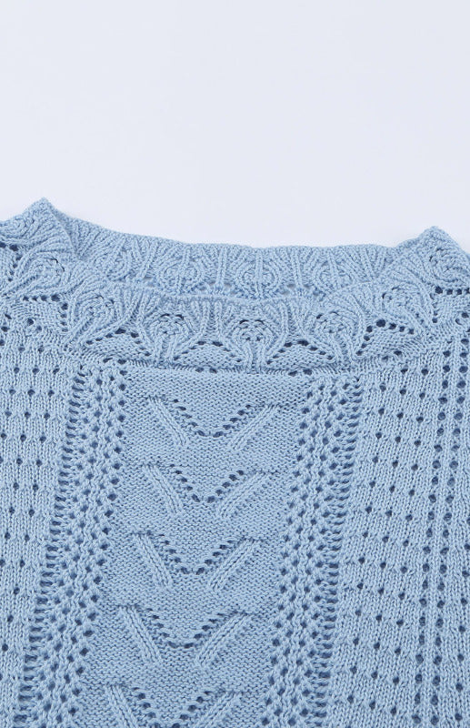 Crochet Sweaters- Cotton Blend Wool Knit Crew Neck Bishop Sleeve Sweater- - Pekosa Women Clothing