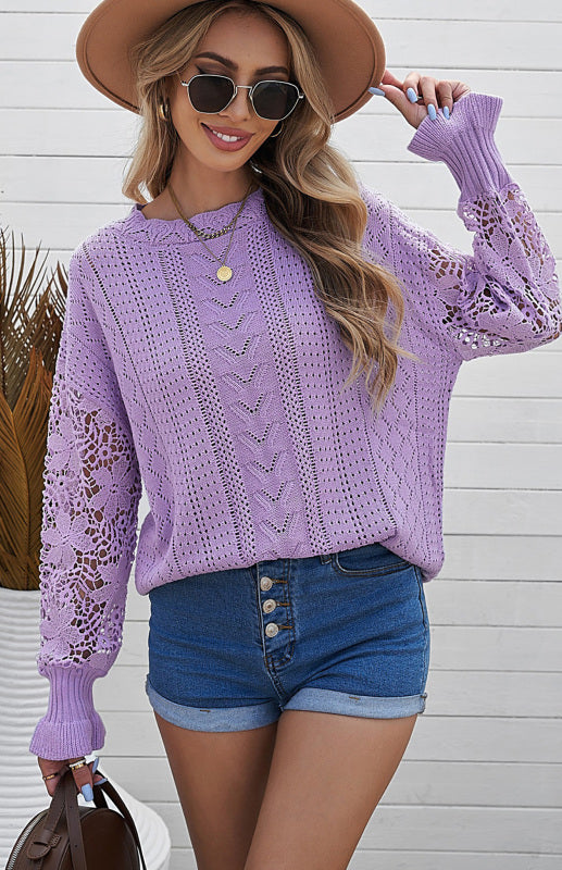 Crochet Sweaters- Cotton Blend Wool Knit Crew Neck Bishop Sleeve Sweater- - Pekosa Women Clothing