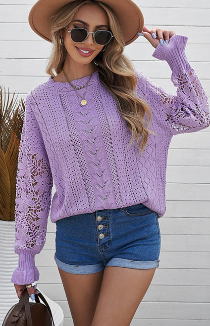 Crochet Sweaters- Cotton Blend Wool Knit Crew Neck Bishop Sleeve Sweater- - Pekosa Women Clothing