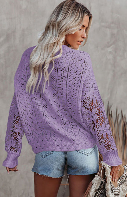 Crochet Sweaters- Cotton Blend Wool Knit Crew Neck Bishop Sleeve Sweater- - Pekosa Women Clothing
