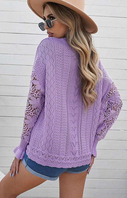 Crochet Sweaters- Cotton Blend Wool Knit Crew Neck Bishop Sleeve Sweater- - Pekosa Women Clothing