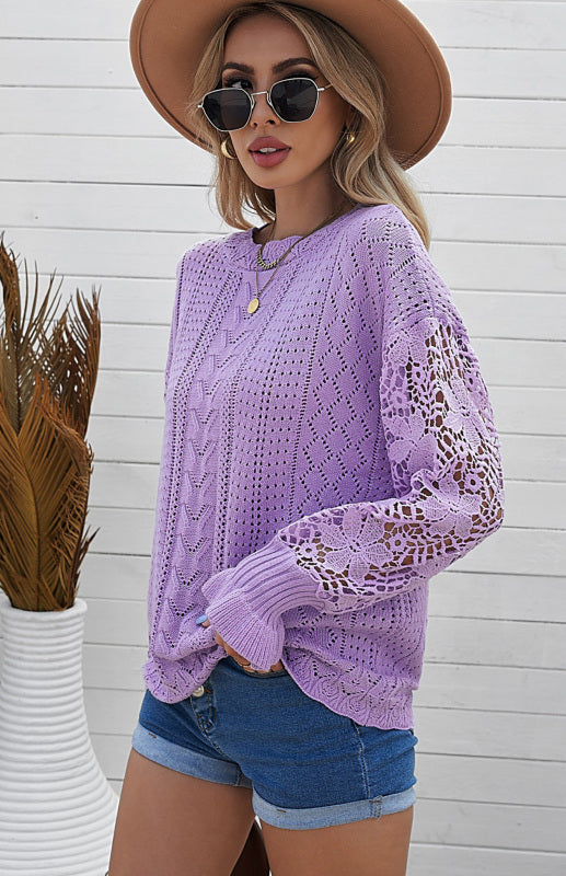 Crochet Sweaters- Cotton Blend Wool Knit Crew Neck Bishop Sleeve Sweater- - Pekosa Women Clothing
