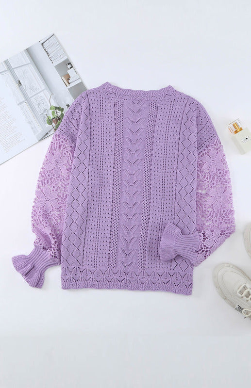 Crochet Sweaters- Cotton Blend Wool Knit Crew Neck Bishop Sleeve Sweater- - Pekosa Women Clothing