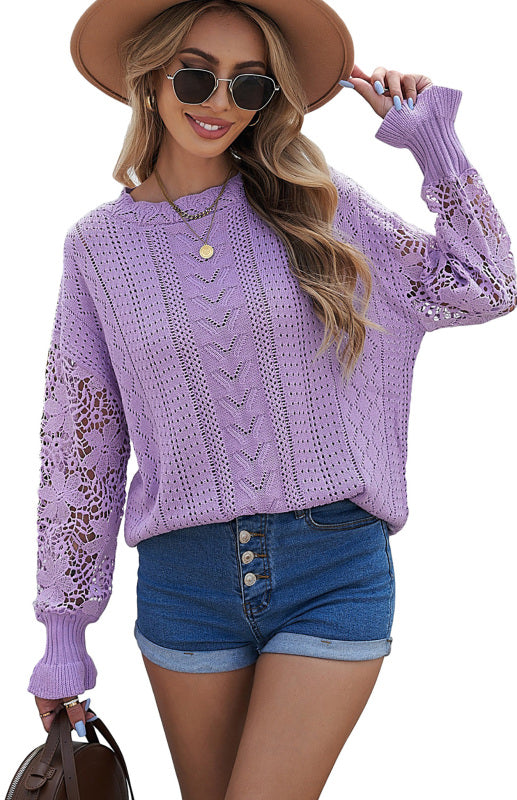 Crochet Sweaters- Cotton Blend Wool Knit Crew Neck Bishop Sleeve Sweater- - Pekosa Women Clothing