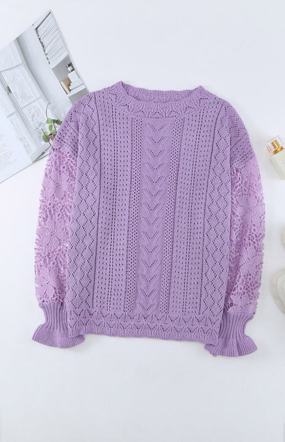 Crochet Sweaters- Cotton Blend Wool Knit Crew Neck Bishop Sleeve Sweater- - Pekosa Women Clothing