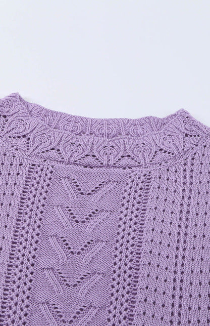 Crochet Sweaters- Cotton Blend Wool Knit Crew Neck Bishop Sleeve Sweater- - Pekosa Women Clothing