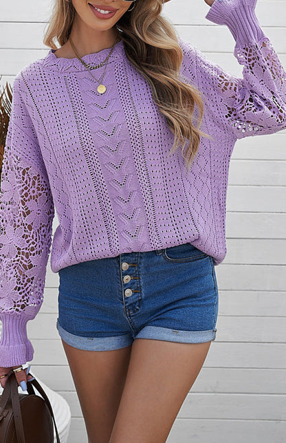 Crochet Sweaters- Cotton Blend Wool Knit Crew Neck Bishop Sleeve Sweater- - Pekosa Women Clothing