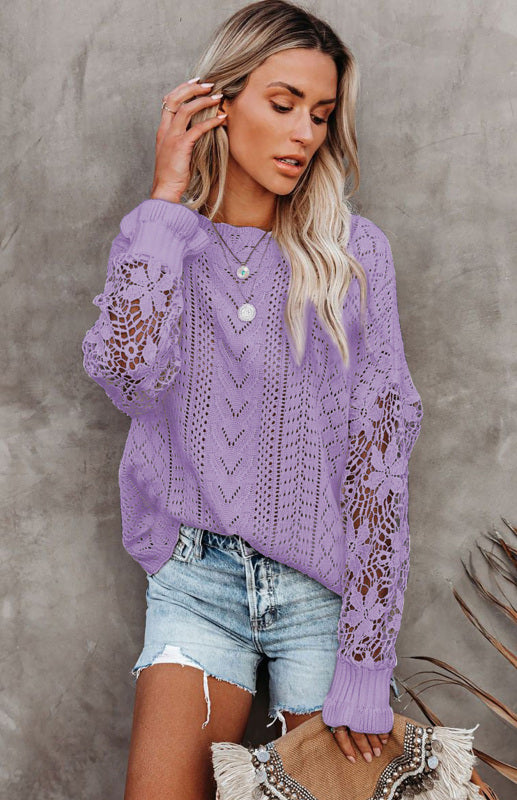 Crochet Sweaters- Cotton Blend Wool Knit Crew Neck Bishop Sleeve Sweater- - Pekosa Women Clothing