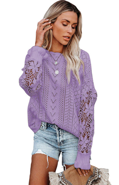 Crochet Sweaters- Cotton Blend Wool Knit Crew Neck Bishop Sleeve Sweater- - Pekosa Women Clothing