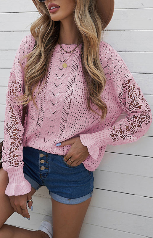 Crochet Sweaters- Cotton Blend Wool Knit Crew Neck Bishop Sleeve Sweater- - Pekosa Women Clothing