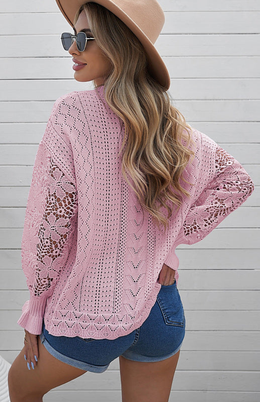 Crochet Sweaters- Cotton Blend Wool Knit Crew Neck Bishop Sleeve Sweater- - Pekosa Women Clothing