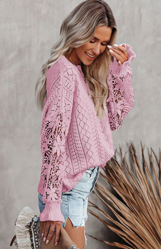 Crochet Sweaters- Cotton Blend Wool Knit Crew Neck Bishop Sleeve Sweater- - Pekosa Women Clothing