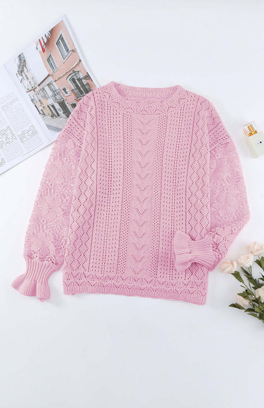 Crochet Sweaters- Cotton Blend Wool Knit Crew Neck Bishop Sleeve Sweater- - Pekosa Women Clothing