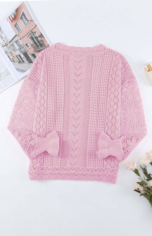 Crochet Sweaters- Cotton Blend Wool Knit Crew Neck Bishop Sleeve Sweater- - Pekosa Women Clothing