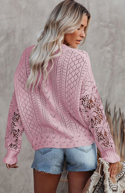 Crochet Sweaters- Cotton Blend Wool Knit Crew Neck Bishop Sleeve Sweater- - Pekosa Women Clothing