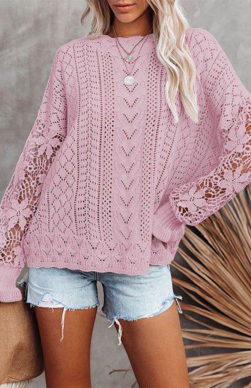 Crochet Sweaters- Cotton Blend Wool Knit Crew Neck Bishop Sleeve Sweater- - Pekosa Women Clothing