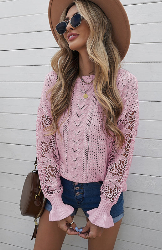 Crochet Sweaters- Cotton Blend Wool Knit Crew Neck Bishop Sleeve Sweater- - Pekosa Women Clothing