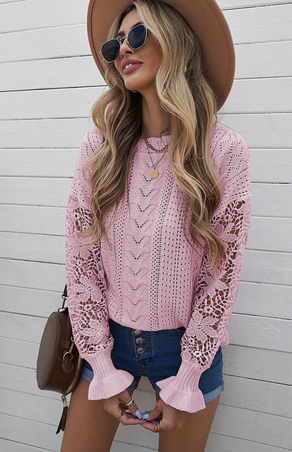 Crochet Sweaters- Cotton Blend Wool Knit Crew Neck Bishop Sleeve Sweater- - Pekosa Women Clothing