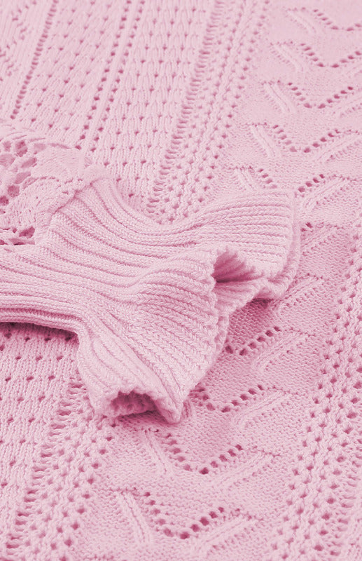 Crochet Sweaters- Cotton Blend Wool Knit Crew Neck Bishop Sleeve Sweater- - Pekosa Women Clothing