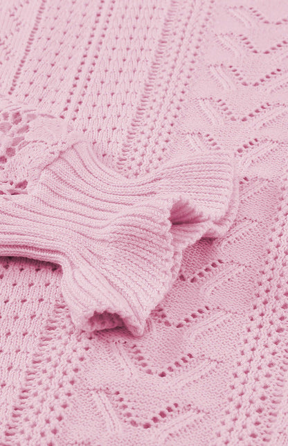Crochet Sweaters- Cotton Blend Wool Knit Crew Neck Bishop Sleeve Sweater- - Pekosa Women Clothing