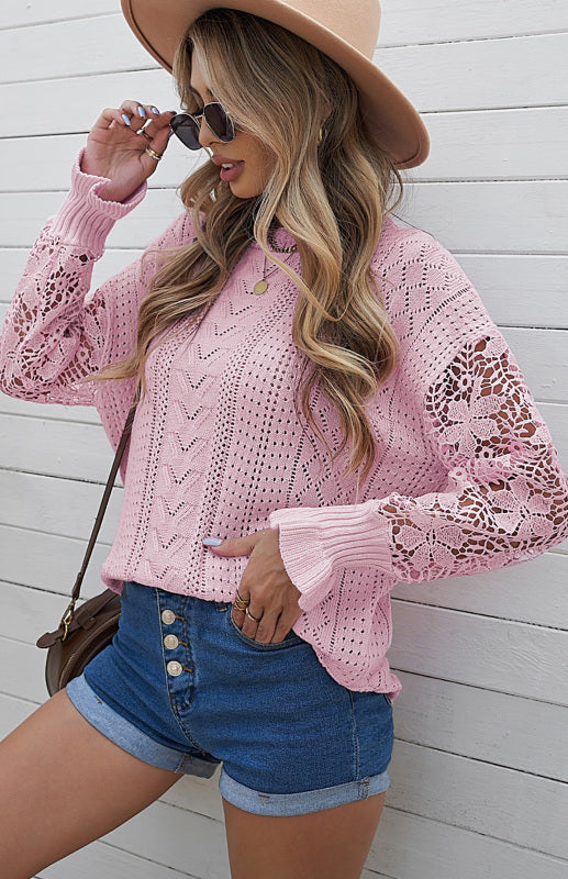 Crochet Sweaters- Cotton Blend Wool Knit Crew Neck Bishop Sleeve Sweater- - Pekosa Women Clothing