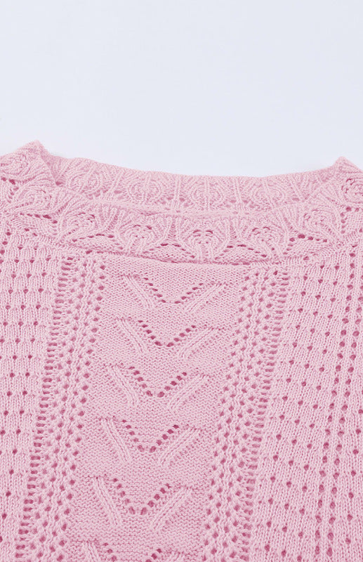 Crochet Sweaters- Cotton Blend Wool Knit Crew Neck Bishop Sleeve Sweater- - Pekosa Women Clothing
