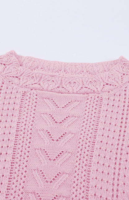 Crochet Sweaters- Cotton Blend Wool Knit Crew Neck Bishop Sleeve Sweater- - Pekosa Women Clothing