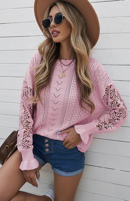 Crochet Sweaters- Cotton Blend Wool Knit Crew Neck Bishop Sleeve Sweater- - Pekosa Women Clothing