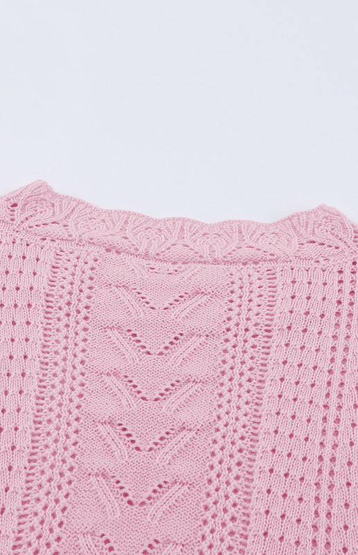Crochet Sweaters- Cotton Blend Wool Knit Crew Neck Bishop Sleeve Sweater- - Pekosa Women Clothing