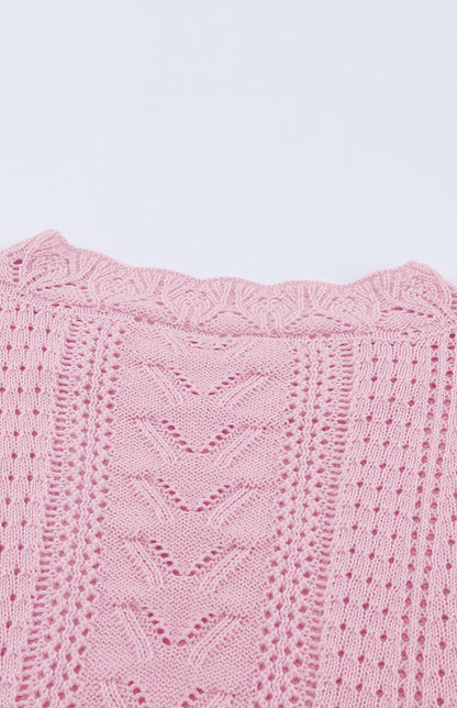 Crochet Sweaters- Cotton Blend Wool Knit Crew Neck Bishop Sleeve Sweater- - Pekosa Women Clothing