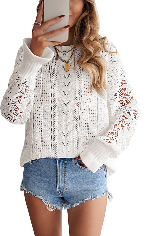 Crochet Sweaters- Cotton Blend Wool Knit Crew Neck Bishop Sleeve Sweater- - Pekosa Women Clothing