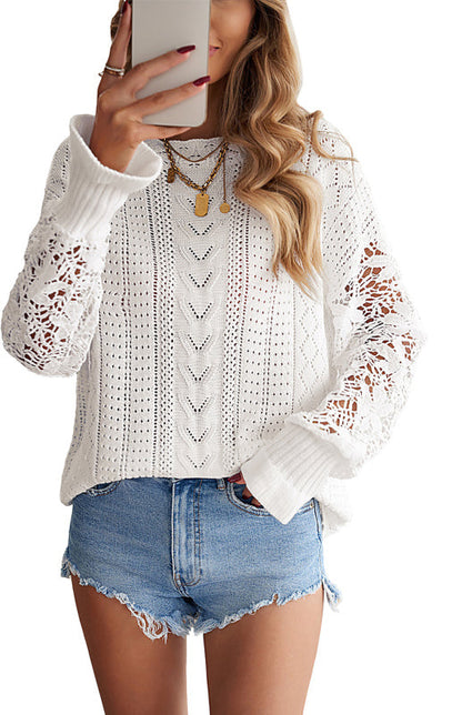 Crochet Sweaters- Cotton Blend Wool Knit Crew Neck Bishop Sleeve Sweater- - Pekosa Women Clothing