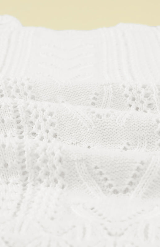 Crochet Sweaters- Cotton Blend Wool Knit Crew Neck Bishop Sleeve Sweater- - Pekosa Women Clothing