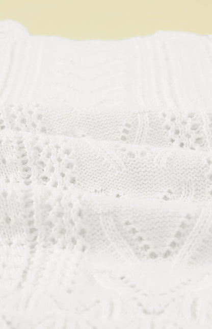 Crochet Sweaters- Cotton Blend Wool Knit Crew Neck Bishop Sleeve Sweater- - Pekosa Women Clothing
