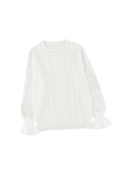 Sweaters- Bishop Sleeve Crew Neck Sweater in Cotton Wool Knit Blend- - Pekosa Women Clothing